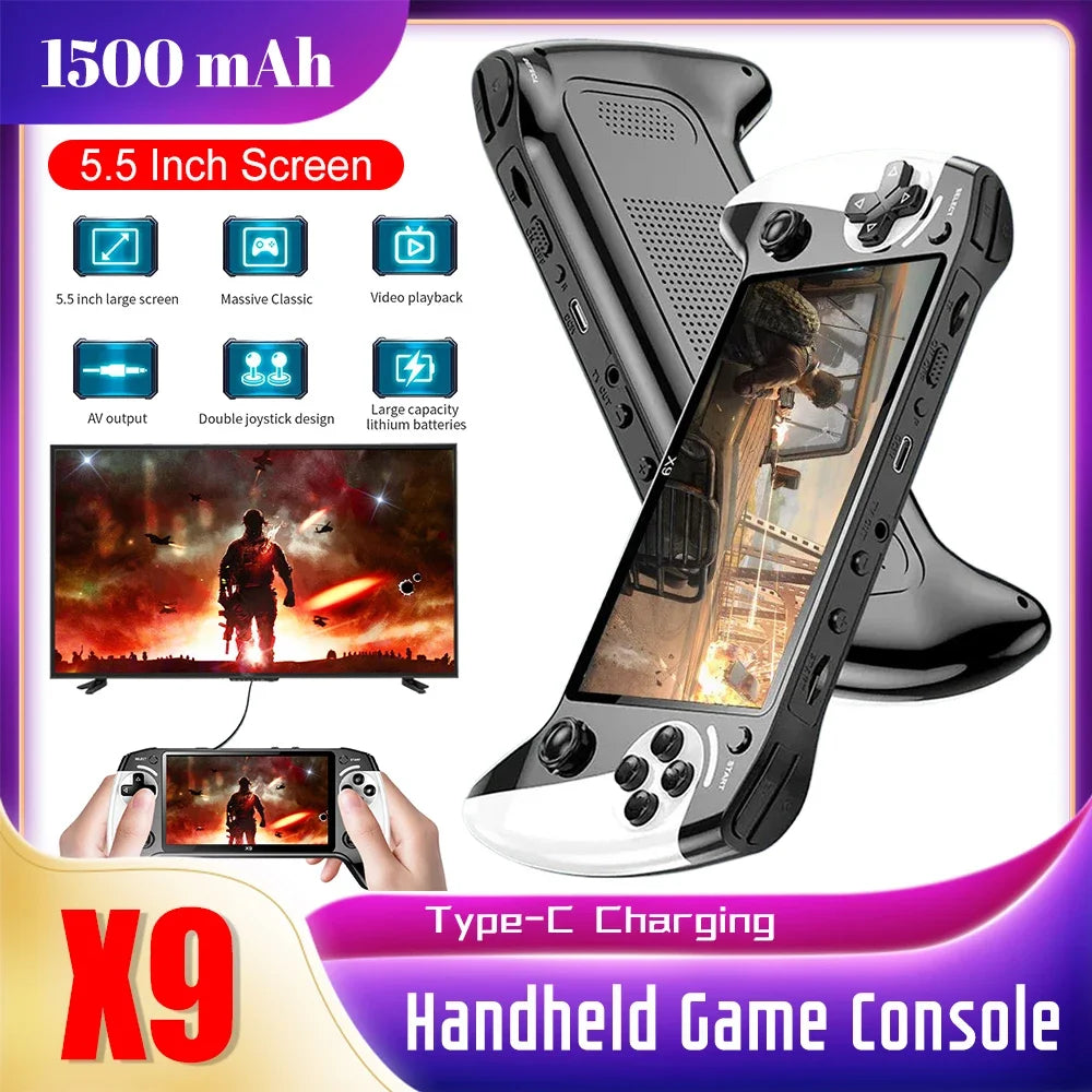 X9 Handheld Game Console Built-in 9 Classic Game Emulators 5.5Inch Screen 1500mAh 360° Non-slip joystick Retro Video Game Player